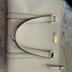Beige Structured Leather Tote Bag with Gold Hardware